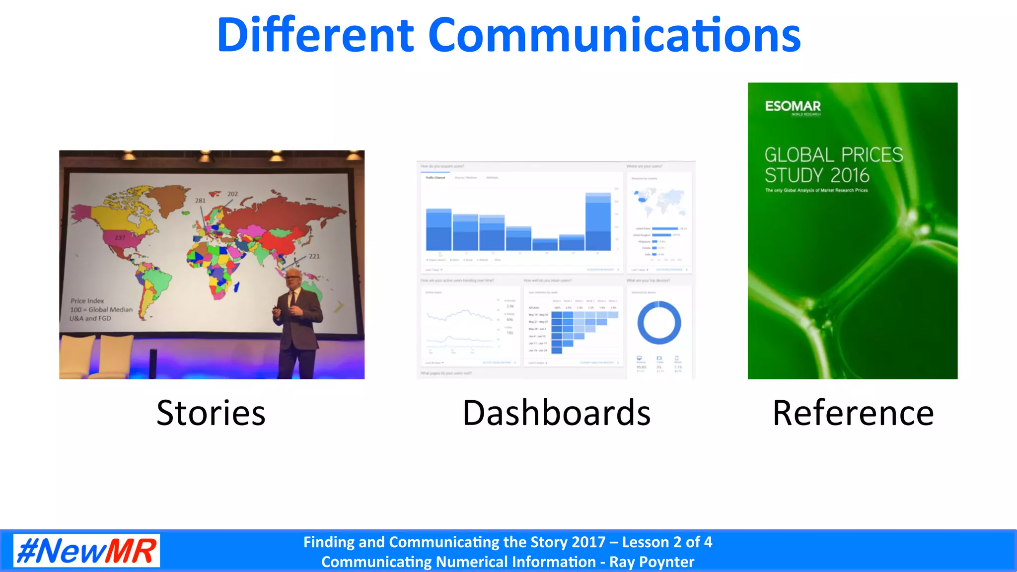 Finding	and	Communica-ng	the	Story	2017	–	Lesson	2	of	4	
Communica-ng	Numerical	Informa-on	-	Ray	Poynter	
Diﬀerent	Communica-ons	
Stories	 Reference	Dashboards	
 