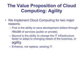 The Value Proposition of Cloud Computing: Agility We implement Cloud Computing for two major reasons.  First is the ability to save development dollars through  reuse   of services (public or private). Second is the ability  to change  the IT infrastructure faster to adapt to changing needs of the business, or  agility . Enhance, not replace, existing IT. 