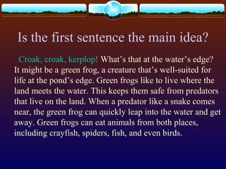 Is the first sentence the main idea?
Croak, croak, kerplop! What’s that at the water’s edge?
It might be a green frog, a creature that’s well-suited for
life at the pond’s edge. Green frogs like to live where the
land meets the water. This keeps them safe from predators
that live on the land. When a predator like a snake comes
near, the green frog can quickly leap into the water and get
away. Green frogs can eat animals from both places,
including crayfish, spiders, fish, and even birds.
 
