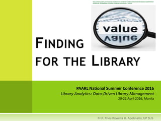 FINDING
FOR THE LIBRARY
PAARL National Summer Conference 2016
Library Analytics: Data-Driven Library Management
20-22 April 2016, Manila
https://www.google.com/search?q=value&source=lnms&tbm=isch&sa=X&ved=0ahUKEwjGpZumnpjMAhXG5aY
KHd6XCuIQ_AUIBygB&biw=1252&bih=576#imgrc=K4UtKZv3o-s_sM%3A
 