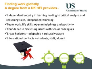 Finding work globally
A degree from a UK HEI provides..
Independent enquiry in learning leading to critical analysis and
reasoning skills, independent thinking
Team work, life skills, open mindedness and positivity
Confidence in discussing issues with senior colleagues
Broad horizons – adaptable + culturally aware
International contacts – students, staff, alumni
 