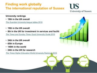 Finding work globally
The international reputation of Sussex
University rankings
• 19th in the UK overall
The Guardian University league tables 2016
• 19th in the UK overall
• 8th in the UK for investment in services and facilities
The Times and Sunday Times Good University Guide 2016
• 24th in the UK overall
• 65th in Europe
• 140th in the world
• 24th in the UK for research
The Times Higher Education World University Rankings 2016
 