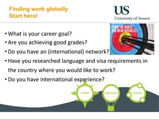 Finding work globally
Start here!
• What is your career goal?
• Are you achieving good grades?
• Do you have an (international) network?
• Have you researched language and visa requirements in
the country where you would like to work?
• Do you have international experience?
 