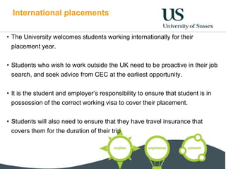 International placements
• The University welcomes students working internationally for their
placement year.
• Students who wish to work outside the UK need to be proactive in their job
search, and seek advice from CEC at the earliest opportunity.
• It is the student and employer’s responsibility to ensure that student is in
possession of the correct working visa to cover their placement.
• Students will also need to ensure that they have travel insurance that
covers them for the duration of their trip
 