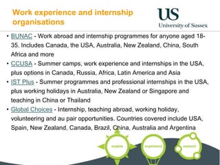 Work experience and internship
organisations
• BUNAC - Work abroad and internship programmes for anyone aged 18-
35. Includes Canada, the USA, Australia, New Zealand, China, South
Africa and more
• CCUSA - Summer camps, work experience and internships in the USA,
plus options in Canada, Russia, Africa, Latin America and Asia
• IST Plus - Summer programmes and professional internships in the USA,
plus working holidays in Australia, New Zealand or Singapore and
teaching in China or Thailand
• Global Choices - Internship, teaching abroad, working holiday,
volunteering and au pair opportunities. Countries covered include USA,
Spain, New Zealand, Canada, Brazil, China, Australia and Argentina
 