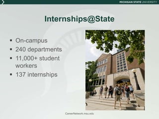 Local connectors you should know…LEAP (Lansing Economic Area Partnership)Lansing Chamber of CommerceLansing RotaryLansing State JournalLansing Area Capital GainsGreater Lansing Business MonthlyThere are more!CareerNetwork.msu.edu