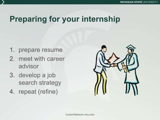 Preparing for your internshipprepare resumemeet with career advisordevelop a job search strategyrepeat (refine)CareerNetwork.msu.edu