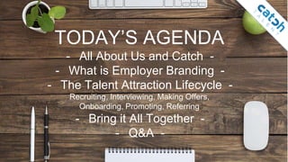 TODAY’S AGENDA
- All About Us and Catch -
- What is Employer Branding -
- The Talent Attraction Lifecycle -
Recruiting, In...