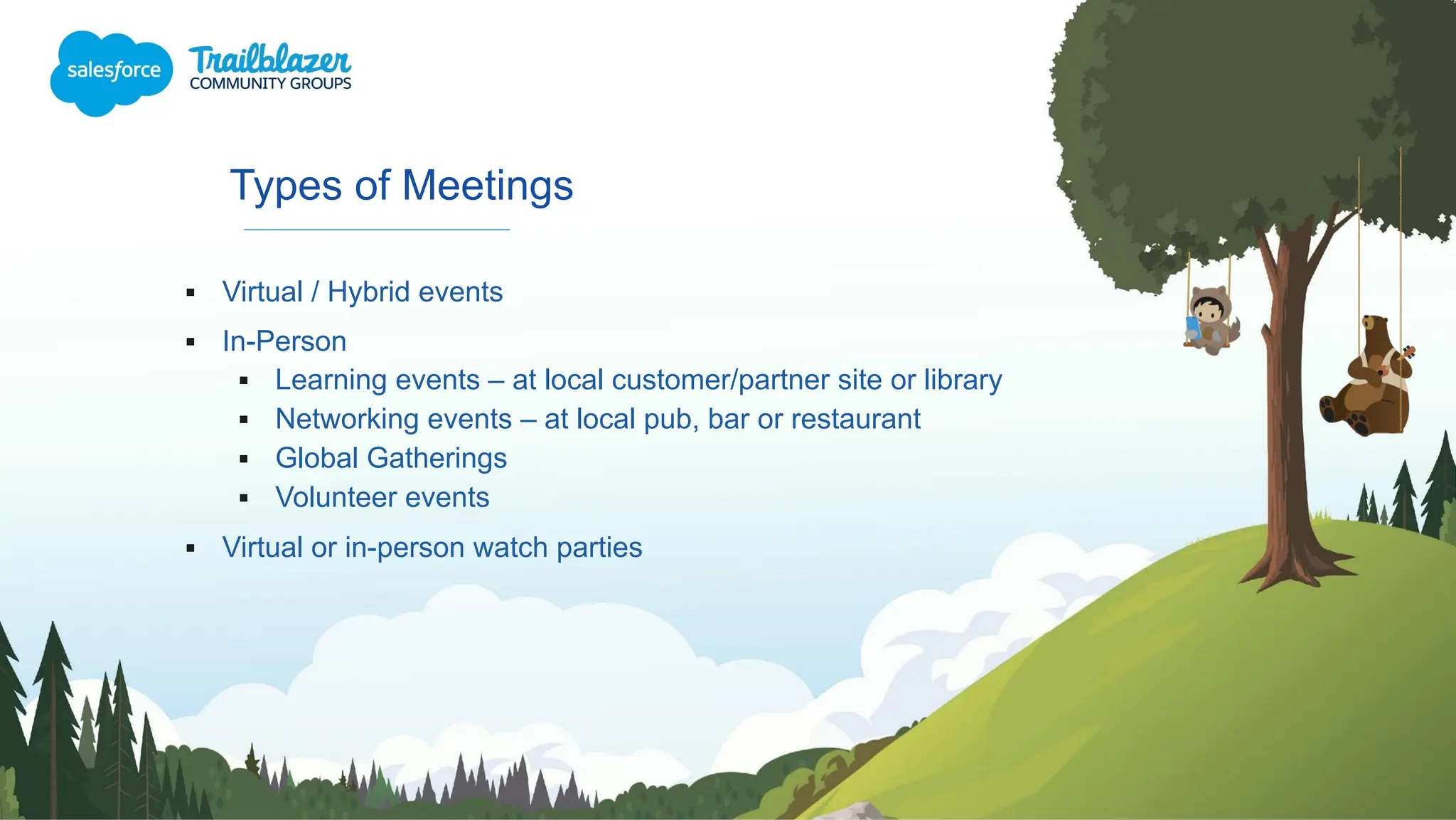 Types of Meetings
▪ Virtual / Hybrid events
▪ In-Person
▪ Learning events – at local customer/partner site or library
▪ Networking events – at local pub, bar or restaurant
▪ Global Gatherings
▪ Volunteer events
▪ Virtual or in-person watch parties
 