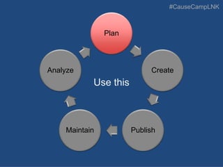 #CauseCampLNK
Plan
Create
PublishMaintain
Analyze
Use this
 