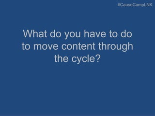#CauseCampLNK
What do you have to do
to move content through
the cycle?
 