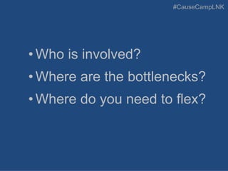 #CauseCampLNK
• Who is involved?
• Where are the bottlenecks?
• Where do you need to flex?
 
