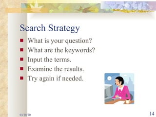 What is your question? What are the keywords? Input the terms. Examine the results. Try again if needed. Search Strategy 03/18/10 