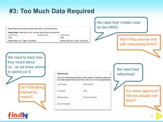 We need their middle initial 
for the HRIS! 
Won’t they provide that 
with onboarding forms? 
We need their 
references! 
We need to track how 
they heard about 
us…so we know where 
to spend our $ 
Isn’t that being 
tracked by 
media? 
For every applicant? 
Will we actually call 
them? 
#3: Too Much Data Required 
17 
 