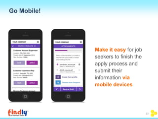 Go Mobile! 
23 
Make it easy for job 
seekers to finish the 
apply process and 
submit their 
information via 
mobile devices 
 