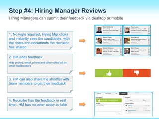 Step #4: Hiring Manager Reviews 
Hiring Managers can submit their feedback via desktop or mobile 
1. No login required; Hiring Mgr clicks 
and instantly sees the candidates, with 
the notes and documents the recruiter 
has shared 
2. HM adds feedback 
Hide photos, email, phone and other notes left by 
other collaborators 
3. HM can also share the shortlist with 
team members to get their feedback 
4. Recruiter has the feedback in real 
time. HM has no other action to take 
 