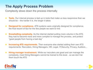 The Apply Process Problem 
Complexity slows down the process internally 
Tools. Our internal process is tied up in tools that make us less responsive than we 
should be – the harder it is, the longer it takes 
Designed for compliance. ATS systems were originally designed for compliance, 
the final record of fact for the few people we want to hire 
Snowballing complexity. As the internet started putting more volume in the ATS, 
they had to become more and more complex to manage the process, and protect 
“good people from having a bad day” 
Increasing ATS requirements. Then everyone else started adding their own ATS 
requirements: Recruiters, Hiring Managers, HR, Legal, IT/Security, Privacy, Auditors... 
Hiring manager involvement. While our recruiters are good and can manage the 
complexity, most Hiring Managers cannot be trained to this level…so we don’t let 
them touch the ATS 
7 
 