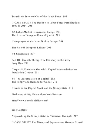 Transitions Into and Out of the Labor Force 199
-Force Participation:
2007 to 2014 201
7-5 Labor-Market Experience: Europe 203
The Rise in European Unemployment 203
Unemployment Variation Within Europe 204
The Rise of European Leisure 205
7-6 Conclusion 207
Part III Growth Theory: The Economy in the Very
Long Run 211
Chapter 8 Economic Growth I: Capital Accumulation and
Population Growth 211
8-1 The Accumulation of Capital 212
The Supply and Demand for Goods 212
Growth in the Capital Stock and the Steady State 215
Find more at http://www.downloadslide.com
http://www.downloadslide.com/
xiv | Contents
Approaching the Steady State: A Numerical Example 217
 