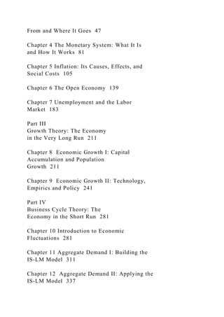 From and Where It Goes 47
Chapter 4 The Monetary System: What It Is
and How It Works 81
Chapter 5 Inflation: Its Causes, Effects, and
Social Costs 105
Chapter 6 The Open Economy 139
Chapter 7 Unemployment and the Labor
Market 183
Part III
Growth Theory: The Economy
in the Very Long Run 211
Chapter 8 Economic Growth I: Capital
Accumulation and Population
Growth 211
Chapter 9 Economic Growth II: Technology,
Empirics and Policy 241
Part IV
Business Cycle Theory: The
Economy in the Short Run 281
Chapter 10 Introduction to Economic
Fluctuations 281
Chapter 11 Aggregate Demand I: Building the
IS-LM Model 311
Chapter 12 Aggregate Demand II: Applying the
IS-LM Model 337
 