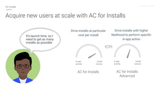 Proprietary + Conﬁdential
AC Installs
Acquire new users at scale with AC for Installs
It’s launch time, so I
need to get a...