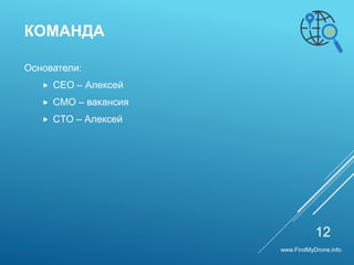 Основатели:
 CEO – Алексей
 CMO – вакансия
 CTO – Алексей
КОМАНДА
12
www.FindMyDrone.info
 