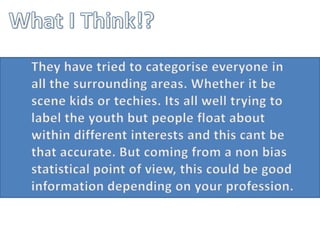 What I Think!?	They have tried to categorise everyone in all the surrounding areas. Whether it be scene kids or techies. Its all well trying to label the youth but people float about within different interests and this cant be that accurate. But coming from a non bias statistical point of view, this could be good information depending on your profession. 