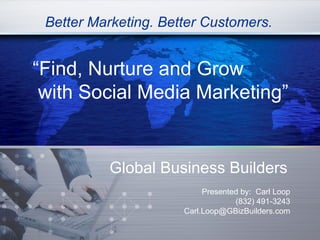 Better Marketing. Better Customers.


“Find, Nurture and Grow
 with Social Media Marketing”


          Global Business Builders
                           Presented by: Carl Loop
                                   (832) 491-3243
                      Carl.Loop@GBizBuilders.com
 