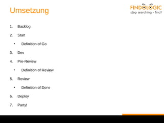 Umsetzung 
1. Backlog 
2. Start 
● Definition of Go 
3. Dev 
4. Pre-Review 
● Definition of Review 
5. Review 
● Definition of Done 
6. Deploy 
7. Party! 
 