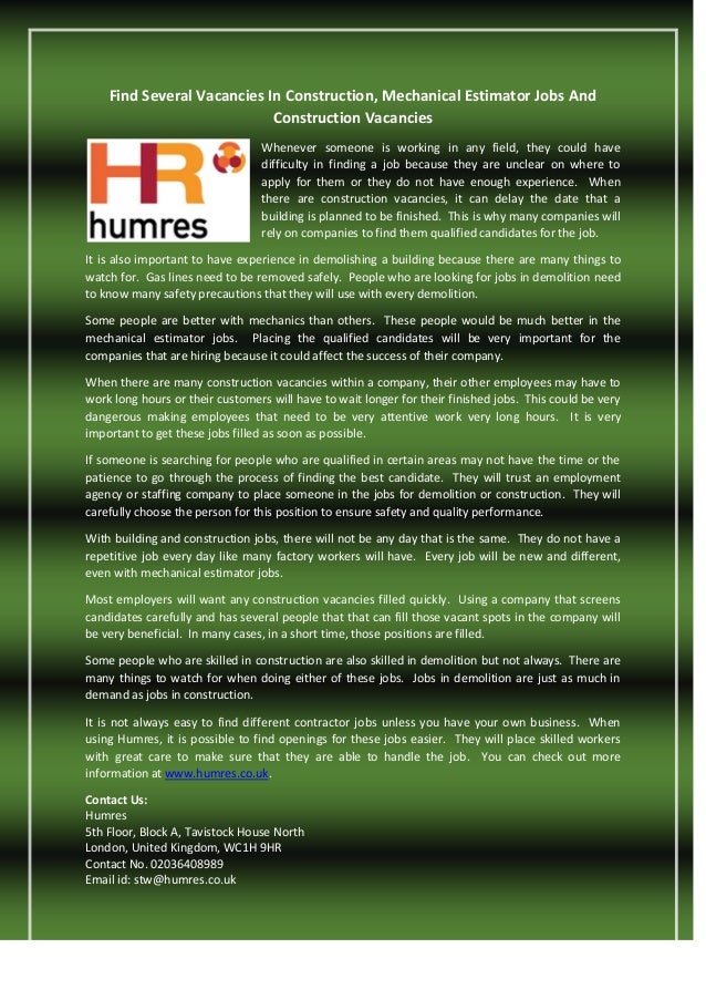 Find several vacancies in construction, mechanical estimator jobs and