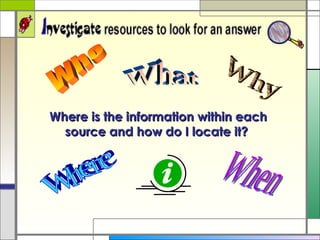 Where is the information within each source and how do I locate it?  Who What When Where Why 