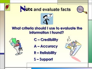 What criteria should I use to evaluate the information I found?  C – Credibility  A – Accuracy  R – Reliability  S – Support  