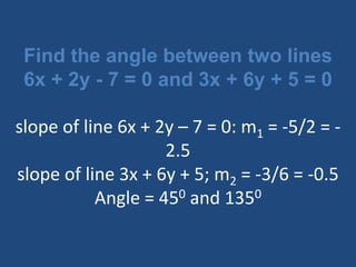 Find the angle between two lines
6x + 2y - 7 = 0 and 3x + 6y + 5 = 0
slope of line 6x + 2y – 7 = 0: m1 = -5/2 = -
2.5
slope of line 3x + 6y + 5; m2 = -3/6 = -0.5
Angle = 450 and 1350
 
