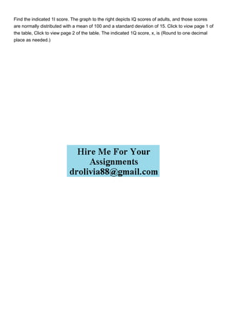 Find the indicated 1I score. The graph to the right depicts IQ scores of adults, and those scores
are normally distributed with a mean of 100 and a standard deviation of 15. Click to viow page 1 of
the table, Click to view page 2 of the table. The indicated 1Q score, x, is (Round to one decimal
place as needed.)
 