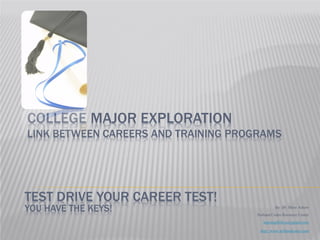 COLLEGE MAJOR EXPLORATION
LINK BETWEEN CAREERS AND TRAINING PROGRAMS




TEST DRIVE YOUR CAREER TEST!
YOU HAVE THE KEYS!                             By Dr. Mary Askew
                                     Holland Codes Resource Center
                                        learning4life.az@gmail.com

                                      http://www.hollandcodes.com
 