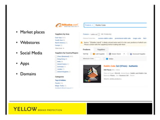 • Market places 
• Webstores 
• Social Media 
• Apps 
• Domains 
 