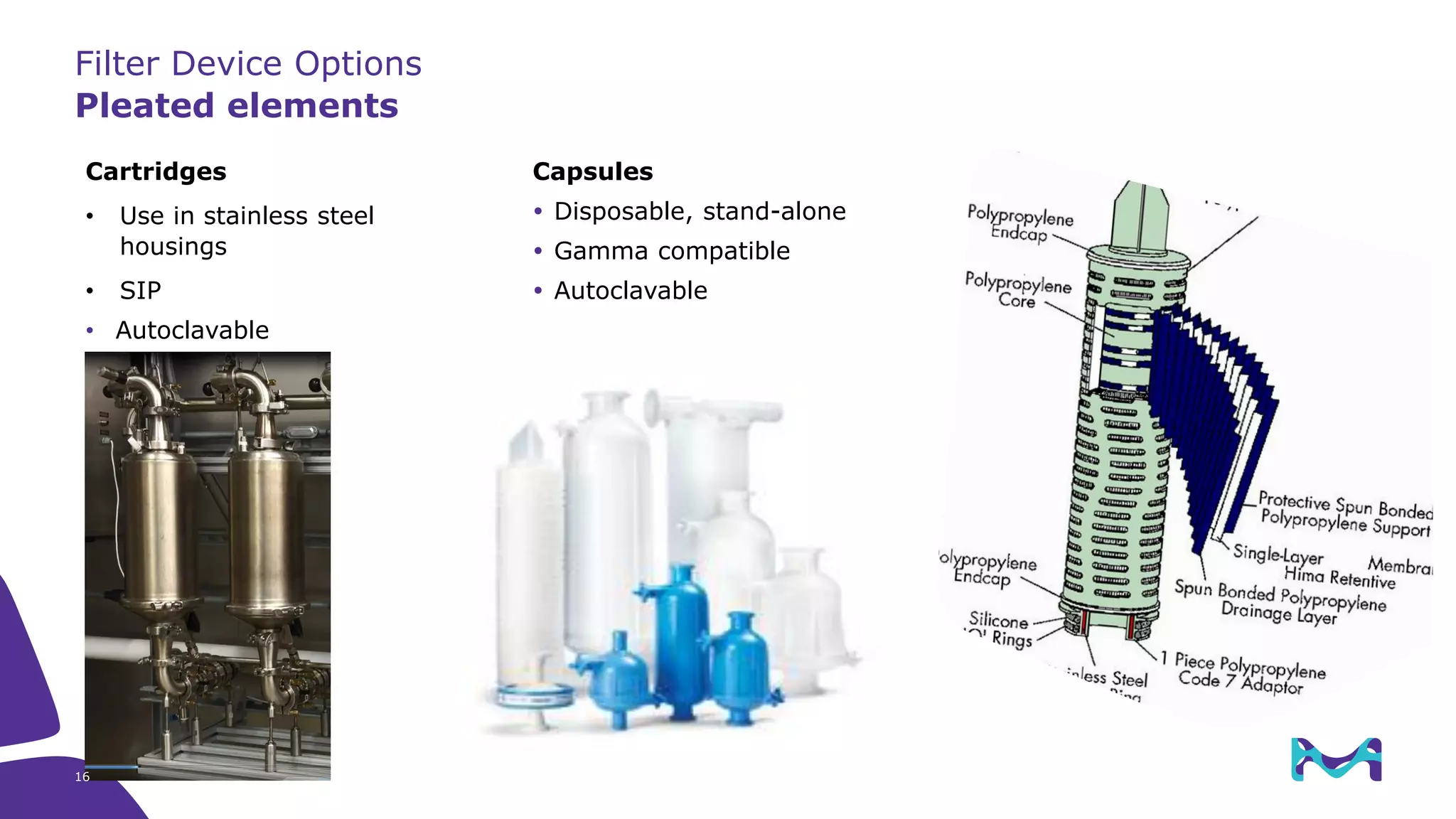 Capsules
 Disposable, stand-alone
 Gamma compatible
 Autoclavable
Pleated elements
Cartridges
• Use in stainless steel
housings
• SIP
• Autoclavable
Filter Device Options
16
 