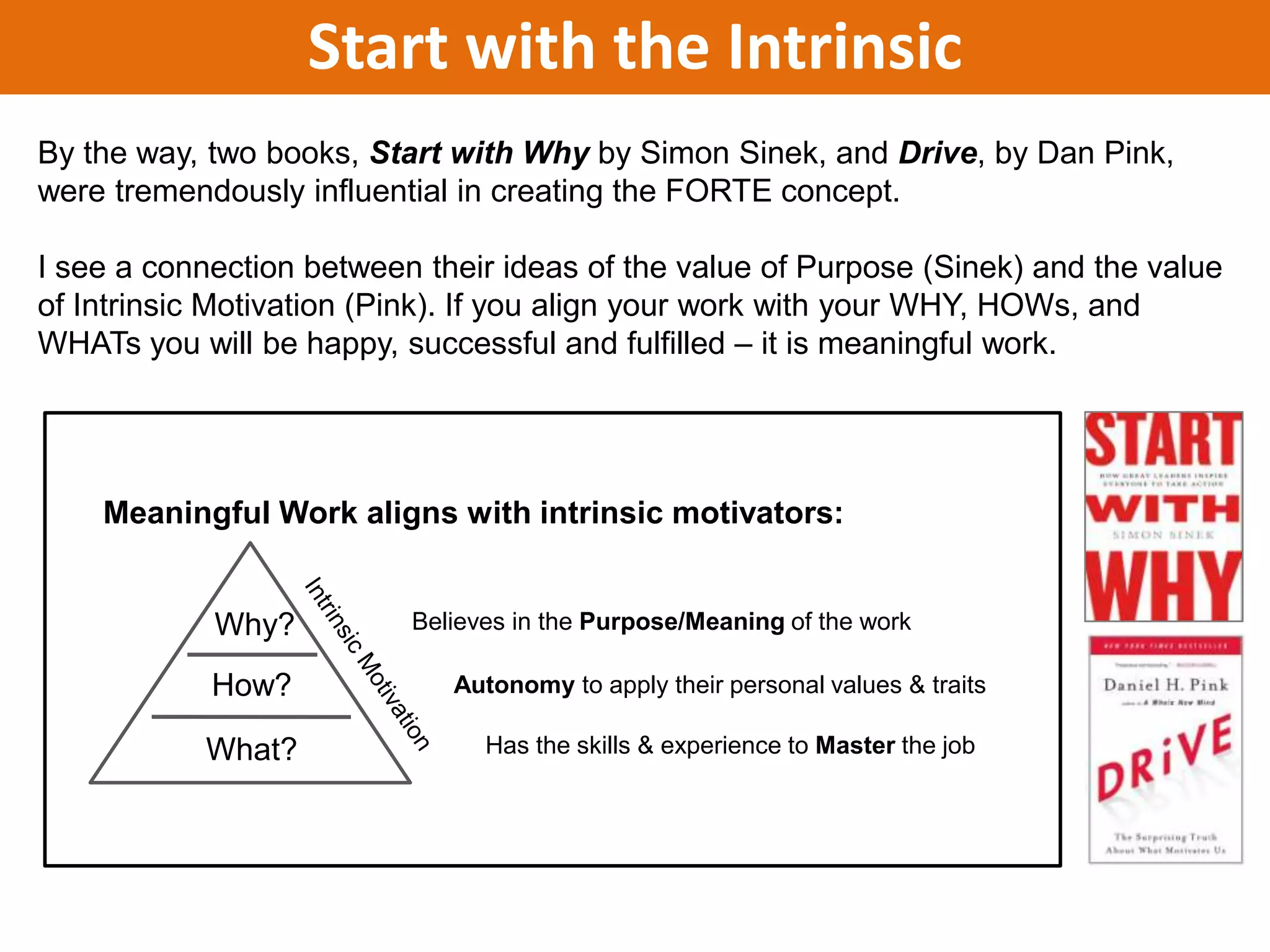 Start with the Intrinsic
By the way, two books, Start with Why by Simon Sinek, and Drive, by Dan Pink,
were tremendously influential in creating the FORTE concept.

I see a connection between their ideas of the value of Purpose (Sinek) and the value
of Intrinsic Motivation (Pink). If you align your work with your WHY, HOWs, and
WHATs you will be happy, successful and fulfilled – it is meaningful work.




    Meaningful Work aligns with intrinsic motivators:


            Why?          Believes in the Purpose/Meaning of the work

            How?             Autonomy to apply their personal values & traits

           What?                Has the skills & experience to Master the job
 