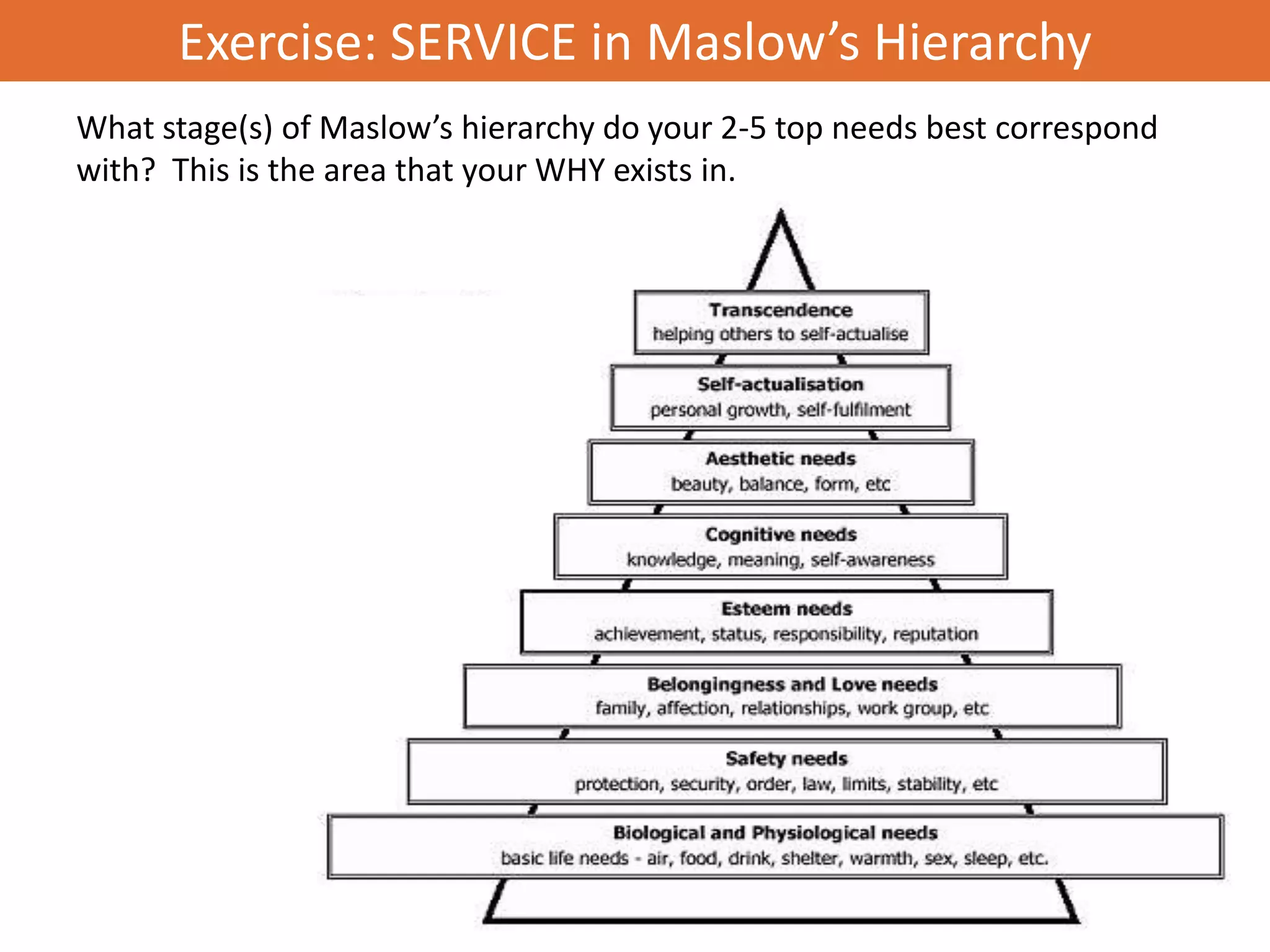 Exercise: SERVICE in Maslow’s Hierarchy
What stage(s) of Maslow’s hierarchy do your 2-5 top needs best correspond
with? This is the area that your WHY exists in.
 