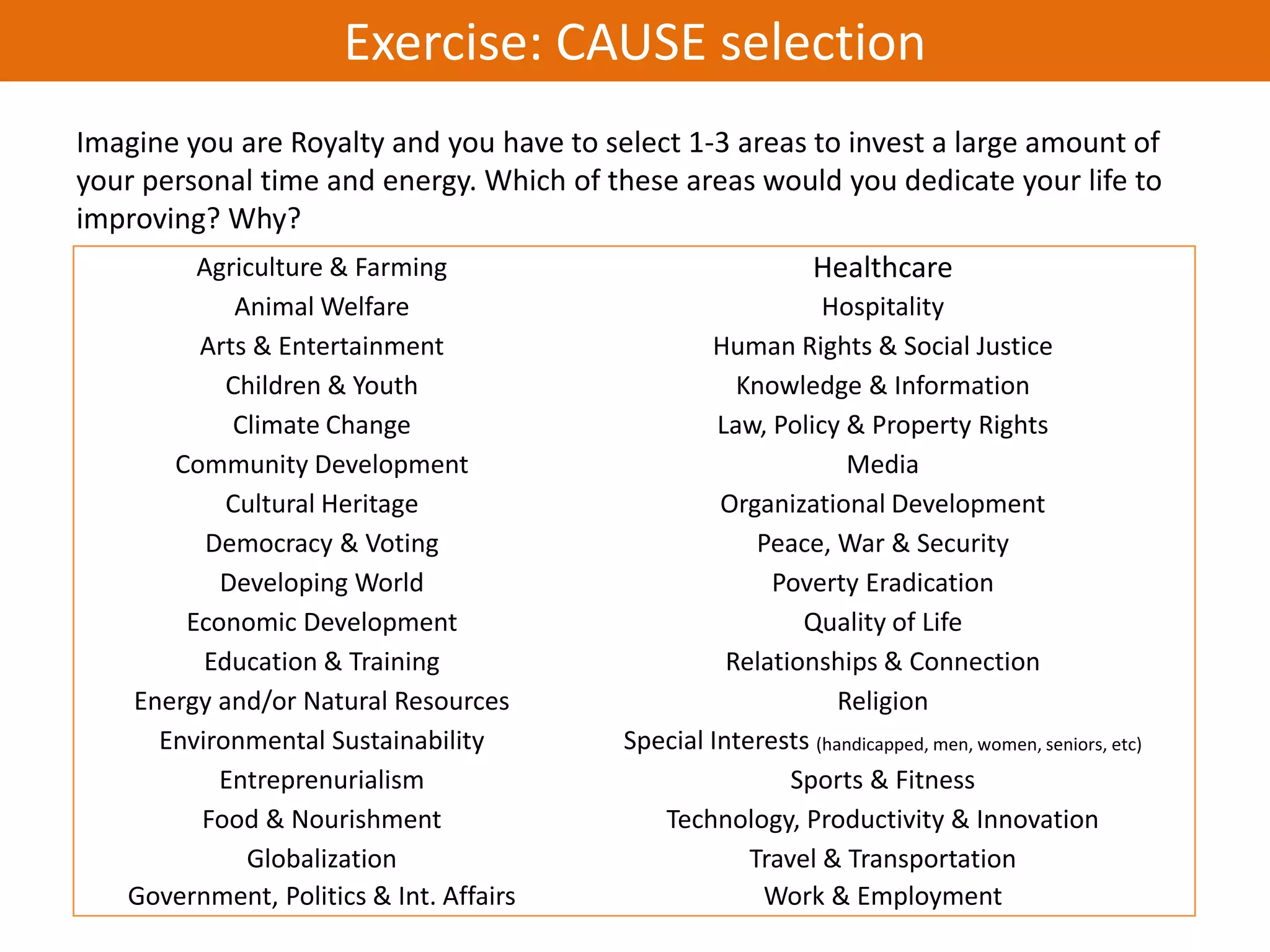 Exercise: CAUSE selection
Imagine you are Royalty and you have to select 1-3 areas to invest a large amount of
your personal time and energy. Which of these areas would you dedicate your life to
improving? Why?
        Agriculture & Farming                                 Healthcare
            Animal Welfare                                   Hospitality
        Arts & Entertainment                      Human Rights & Social Justice
           Children & Youth                          Knowledge & Information
           Climate Change                          Law, Policy & Property Rights
      Community Development                                     Media
           Cultural Heritage                       Organizational Development
         Democracy & Voting                            Peace, War & Security
          Developing World                              Poverty Eradication
       Economic Development                                Quality of Life
         Education & Training                       Relationships & Connection
   Energy and/or Natural Resources                             Religion
     Environmental Sustainability         Special Interests (handicapped, men, women, seniors, etc)
          Entreprenurialism                               Sports & Fitness
        Food & Nourishment                   Technology, Productivity & Innovation
             Globalization                            Travel & Transportation
   Government, Politics & Int. Affairs                 Work & Employment
 