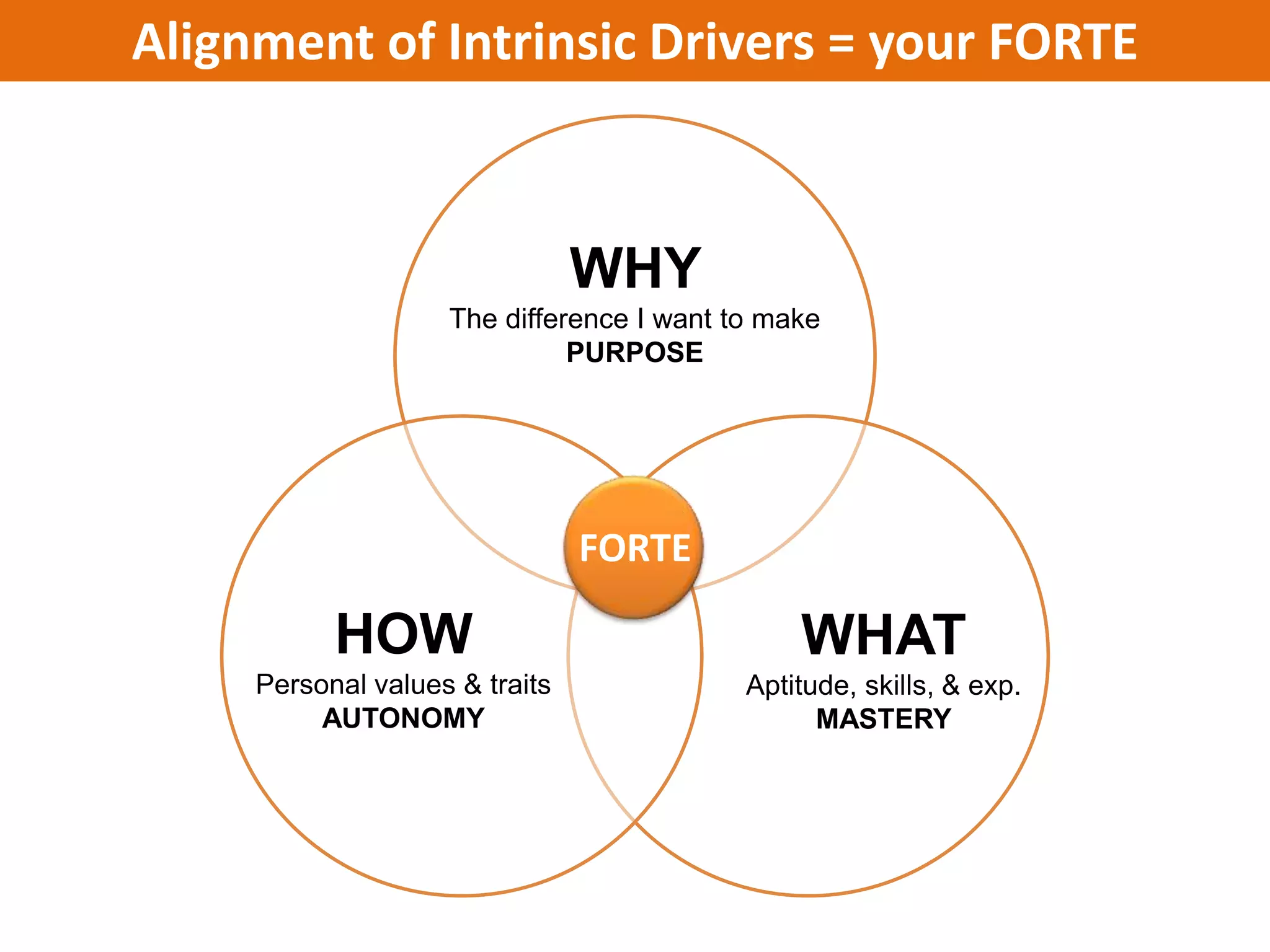 Alignment of Intrinsic Drivers = your FORTE



                                WHY
                    The difference I want to make
                              PURPOSE




                                FORTE

           HOW                                 WHAT
     Personal values & traits              Aptitude, skills, & exp.
          AUTONOMY                               MASTERY
 