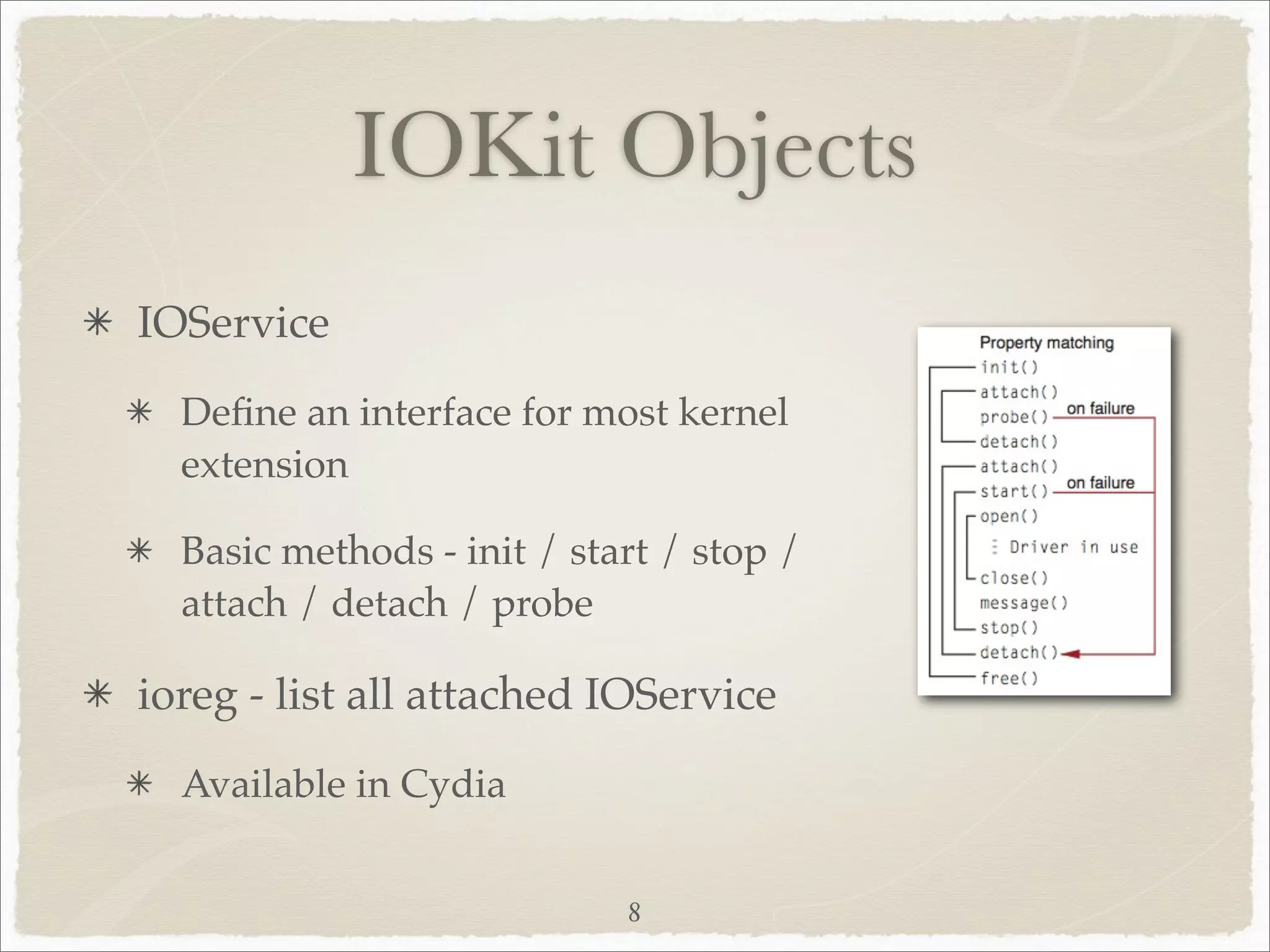 IOKit Objects
IOService
  Deﬁne an interface for most kernel
  extension

  Basic methods - init / start / stop /
  attach / detach / probe

ioreg - list all attached IOService
  Available in Cydia


                            8
 