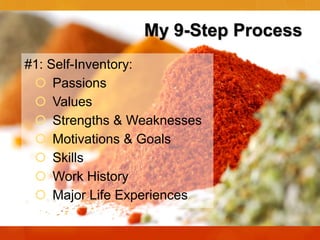 My 9-Step Process
#1: Self-Inventory:
 Passions
 Values
 Strengths & Weaknesses
 Motivations & Goals
 Skills
 Work History
 Major Life Experiences

 
