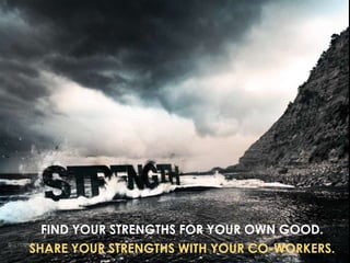 FIND YOUR STRENGTHS FOR YOUR OWN GOOD.
SHARE YOUR STRENGTHS WITH YOUR CO-WORKERS.
 