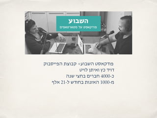 ‫הפייסבוק‬ ‫קבוצת‬ +‫השבוע‬ ‫פודקאסט‬
‫לויט‬ ‫ואיתן‬ ‫כץ‬ ‫דויד‬
‫שנה‬ ‫בחצי‬ ‫חברים‬ 4000-‫כ‬
‫אלף‬ 21-‫ל‬ ‫בחודש‬ ‫האזנות‬ 1000-‫מ‬
 