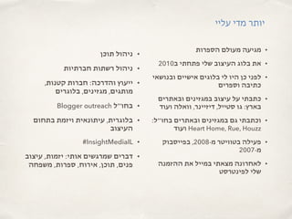 •‫תוכן‬ ‫ניהול‬
•‫חברתיות‬ ‫רשתות‬ ‫ניהול‬
•,‫קטנות‬ ‫חברות‬ :‫והדרכה‬ ‫ייעוץ‬
‫בלוגרים‬ ,‫מגזינים‬ ,‫מותגים‬
•Blogger outreach ‫בחו״ל‬
•‫בתחום‬ ‫ויזמת‬ ‫עיתונאית‬ ,‫בלוגרית‬
‫העיצוב‬
•#InsightMediaIL
•‫עיצוב‬ ,‫יזמות‬ :‫אותי‬ ‫שמרגשים‬ ‫דברים‬
‫משפחה‬ ,‫ספרות‬ ,‫אירוח‬ ,‫תוכן‬ ,‫פנים‬
•‫הספרות‬ ‫מעולם‬ ‫מגיעה‬
•2010‫ב‬ ‫פתחתי‬ ‫שלי‬ ‫העיצוב‬ ‫בלוג‬ ‫את‬
•‫ובנושאי‬ ‫אישיים‬ ‫בלוגים‬ ‫לי‬ ‫היו‬ ‫כן‬ ‫לפני‬
‫וספרים‬ ‫כתיבה‬
•‫ובאתרים‬ ‫במגזינים‬ ‫עיצוב‬ ‫על‬ ‫כתבתי‬
‫ועוד‬ ‫וואלה‬ ,‫דיזיינר‬ ,‫סטייל‬ ‫גו‬ :‫בארץ‬
•:‫בחו״ל‬ ‫ובאתרים‬ ‫במגזינים‬ ‫גם‬ ‫וכתבתי‬
‫ועוד‬ Heart Home, Rue, Houzz
•‫בפייסבוק‬ ,2008-‫מ‬ ‫בטוויטר‬ ‫פעילה‬
2007-‫מ‬
•‫ההזמנה‬ ‫את‬ ‫במייל‬ ‫מצאתי‬ ‫לאחרונה‬
‫לפינטרסט‬ ‫שלי‬
‫עליי‬ ‫מדי‬ ‫יותר‬
 