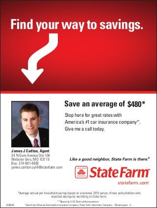 statefarm.com®
Find your way to savings.
Save an average of
Stop here for great rates with
America’s #1 car insurance company**.
Give me a call today.
1005000
**Based on A.M. Best written premium.
State Farm Mutual Automobile Insurance Company, State Farm Indemnity Company – Bloomington, IL
James J Carlton, Agent
34 N Gore Avenue Ste 104
Webster Grvs, MO 63119
Bus: 314-961-4800
james.carlton.uyl4@statefarm.com
$480*
*Average annual per household savings based on a national 2010 survey of new policyholders who
reported savings by switching to State Farm.
 