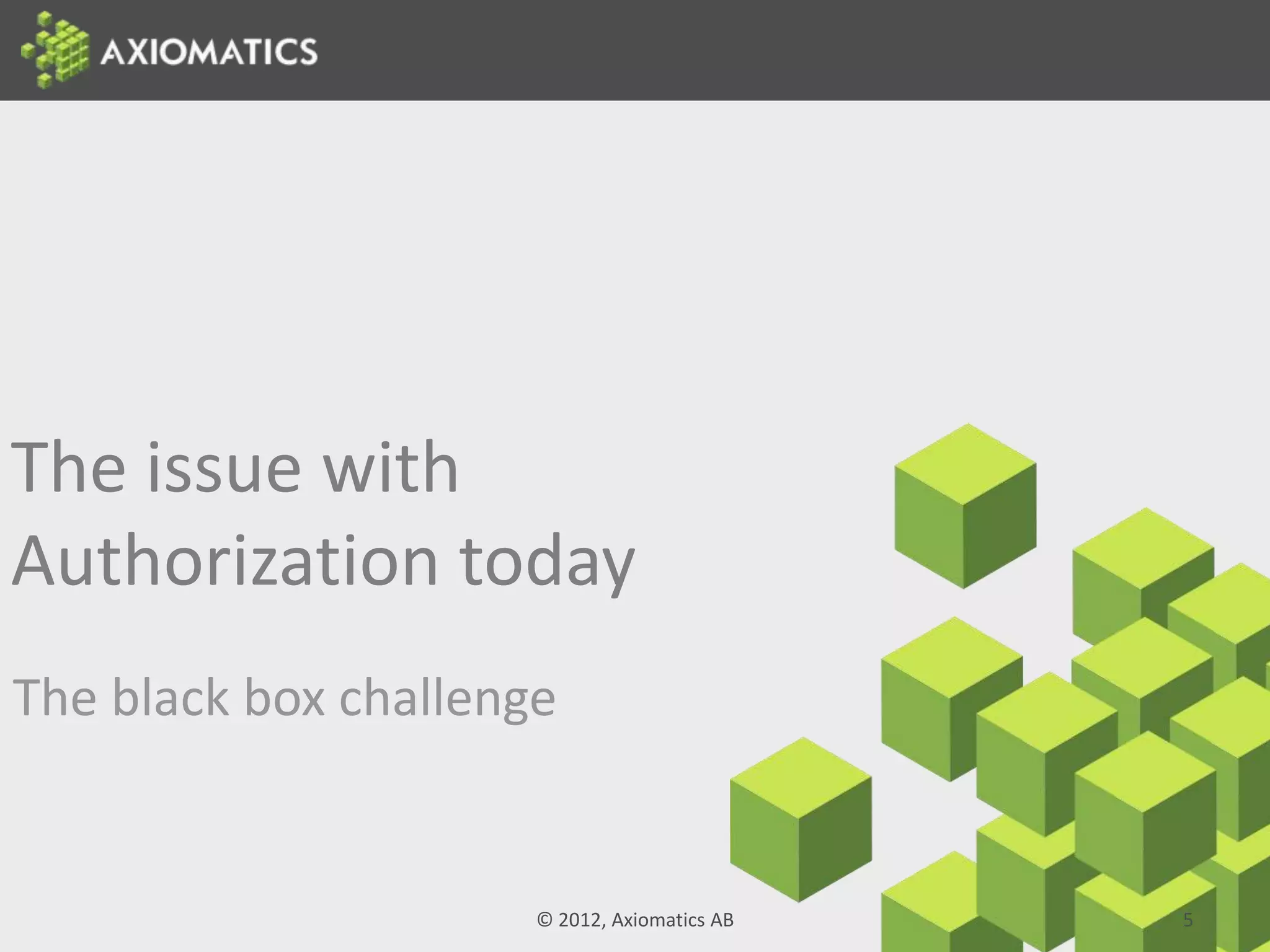 The issue with
Authorization today
The black box challenge
© 2012, Axiomatics AB 5
 