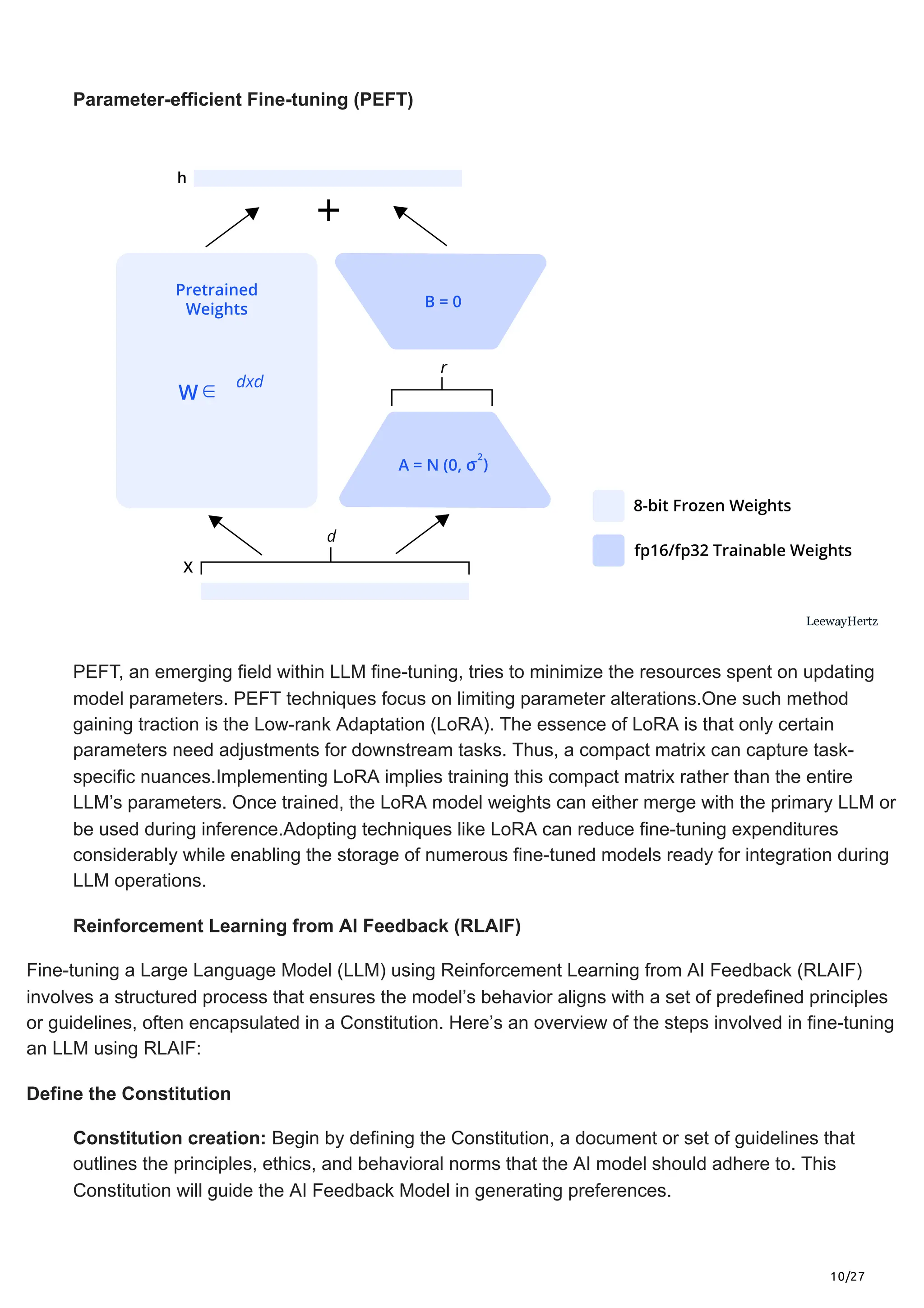10/27
Parameter-efficient Fine-tuning (PEFT)
PEFT, an emerging field within LLM fine-tuning, tries to minimize the resources spent on updating
model parameters. PEFT techniques focus on limiting parameter alterations.One such method
gaining traction is the Low-rank Adaptation (LoRA). The essence of LoRA is that only certain
parameters need adjustments for downstream tasks. Thus, a compact matrix can capture task-
specific nuances.Implementing LoRA implies training this compact matrix rather than the entire
LLM’s parameters. Once trained, the LoRA model weights can either merge with the primary LLM or
be used during inference.Adopting techniques like LoRA can reduce fine-tuning expenditures
considerably while enabling the storage of numerous fine-tuned models ready for integration during
LLM operations.
Reinforcement Learning from AI Feedback (RLAIF)
Fine-tuning a Large Language Model (LLM) using Reinforcement Learning from AI Feedback (RLAIF)
involves a structured process that ensures the model’s behavior aligns with a set of predefined principles
or guidelines, often encapsulated in a Constitution. Here’s an overview of the steps involved in fine-tuning
an LLM using RLAIF:
Define the Constitution
Constitution creation: Begin by defining the Constitution, a document or set of guidelines that
outlines the principles, ethics, and behavioral norms that the AI model should adhere to. This
Constitution will guide the AI Feedback Model in generating preferences.
 