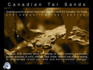 C a n a d i a n T a r S a n d s
Growing scarcity of global fossil fuels supplies make the Canadian Tar Sands
a n d a p p e a l i n g f u e l s o u r c e .
However, thick bitumen within the Alberta oil sands contains significantly
greater quantities of sulfur, nitrogen, lead, nickel, mercury and arsenic leading
to widespread health concerns and environmental damage.
 
