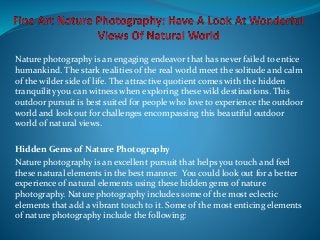Nature photography is an engaging endeavor that has never failed to entice
humankind. The stark realities of the real world meet the solitude and calm
of the wilder side of life. The attractive quotient comes with the hidden
tranquility you can witness when exploring these wild destinations. This
outdoor pursuit is best suited for people who love to experience the outdoor
world and look out for challenges encompassing this beautiful outdoor
world of natural views.
Hidden Gems of Nature Photography
Nature photography is an excellent pursuit that helps you touch and feel
these natural elements in the best manner. You could look out for a better
experience of natural elements using these hidden gems of nature
photography. Nature photography includes some of the most eclectic
elements that add a vibrant touch to it. Some of the most enticing elements
of nature photography include the following:
 